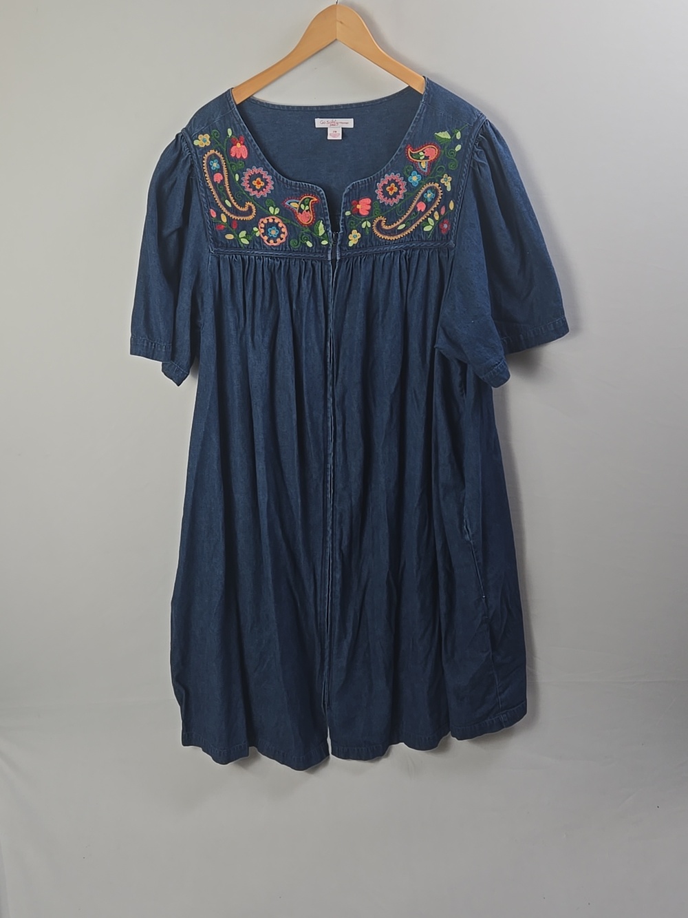 Go Softly Embroidered Denim Short Sleeve Zip-Front Patio Dress Sz 2X Farmhouse